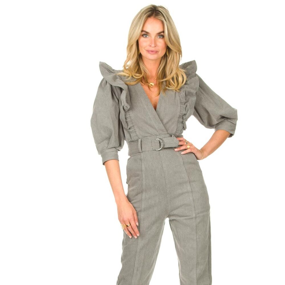 MAGALI PASCAL Gray Ruffle Shoulder Anna Jumpsuit